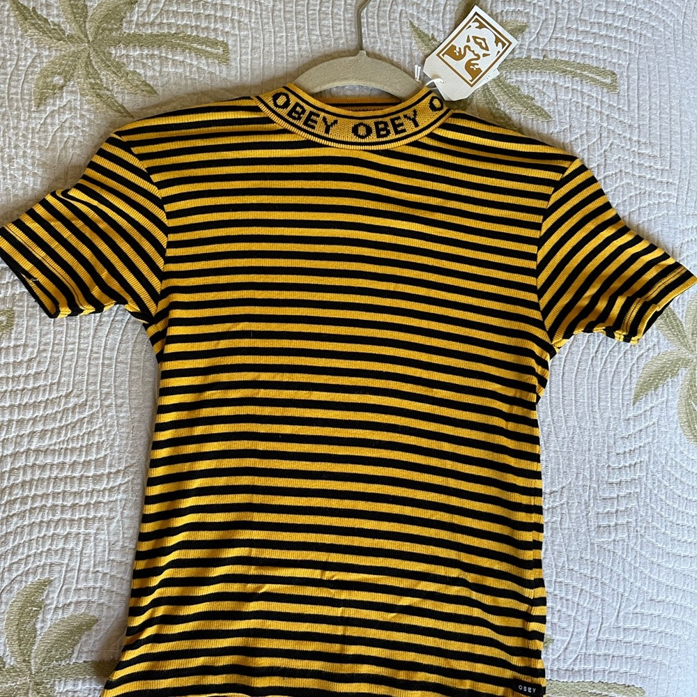 OBEY XS Yellow & Black Striped Shirt